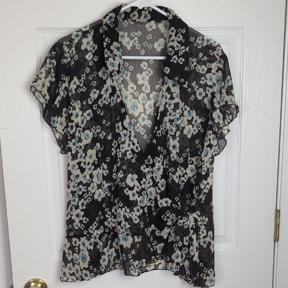 Source Unknown Tops - Elegant, Floral Black and Blue Women's Adjustable Wrap Top, XL